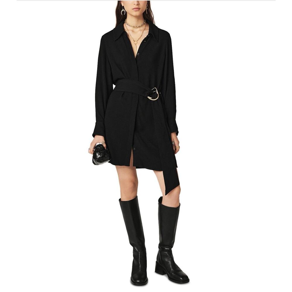 BA&SH Black Ulae Button Front Belted Mini Shirt Tunic Dress Size 3 US L NWT